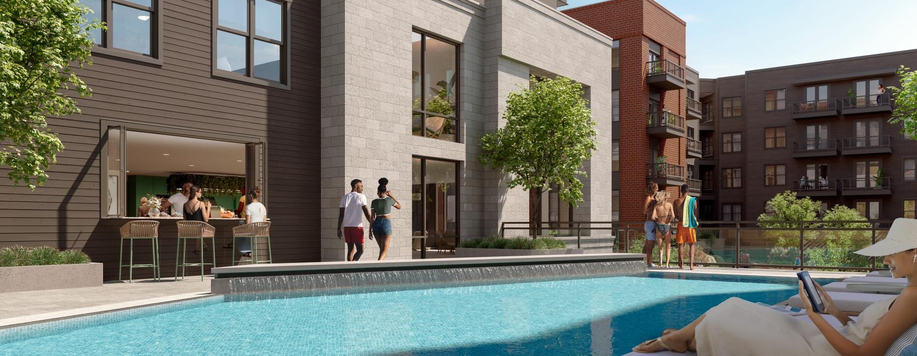 a pool in front of a building