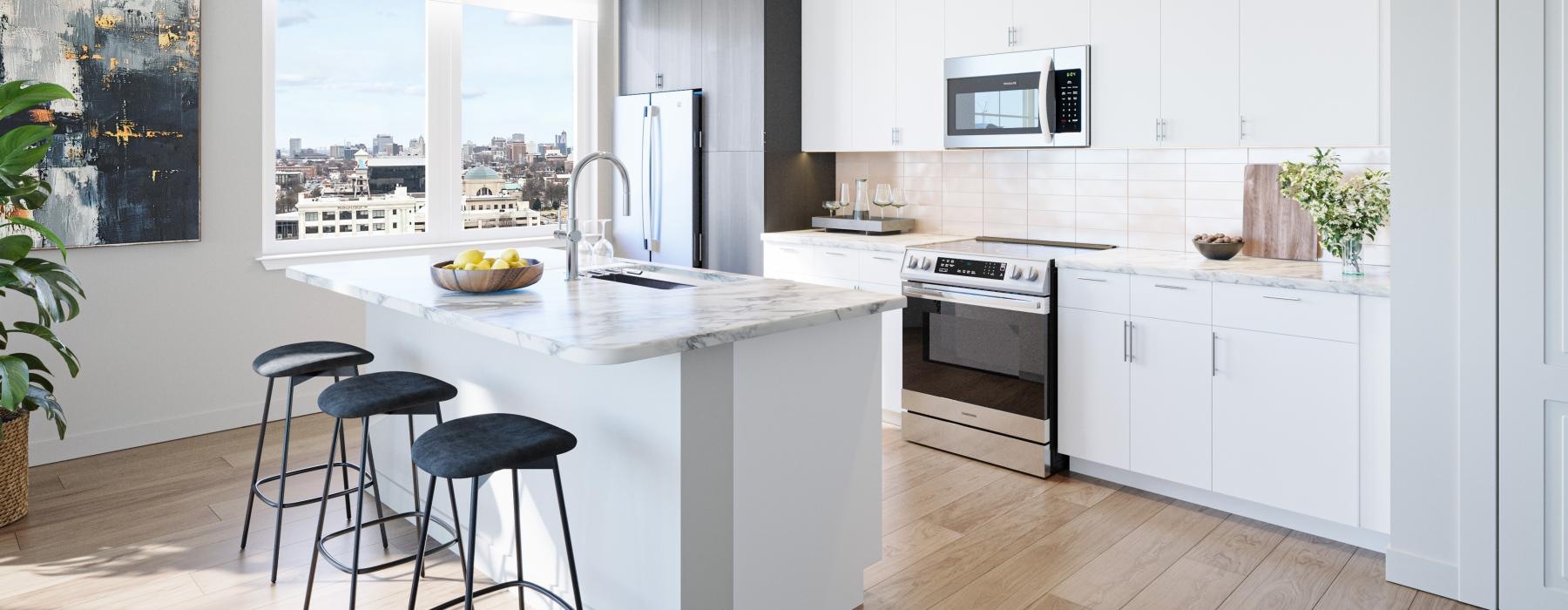 a kitchen with a large island with stools and a sink a fridge and stovetop