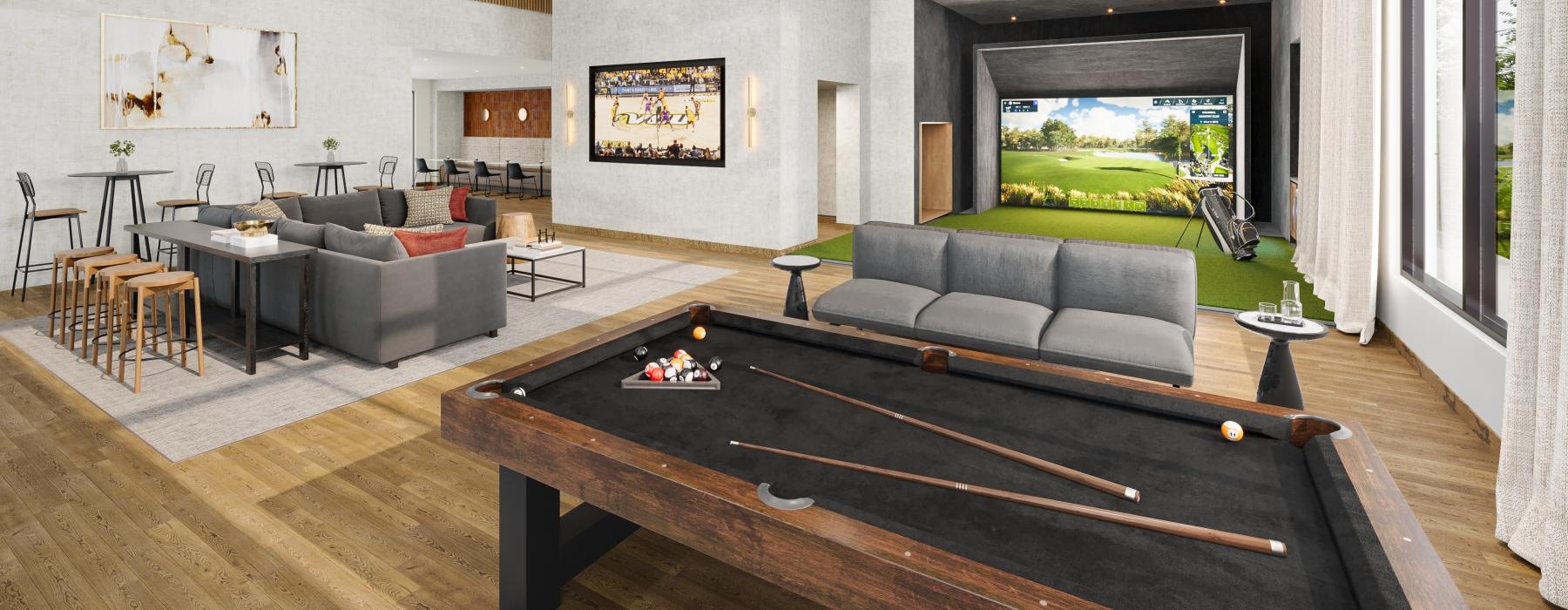 a room with a couch and seating and tv and a pool table